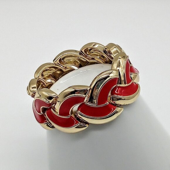 Red Enamel Braid Wide Gold-Finish Fashion Stretch Bracelet - Picture 1 of 6